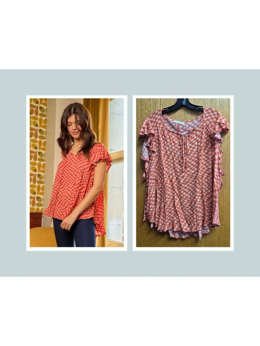 Orange & White Patterned Ruffle Sleeve Top Jade By Jane S 100% Rayon Lightweight